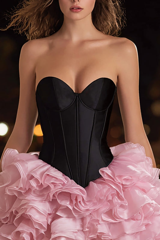 Black and Pink Sweetheart Organza A-Line Ruffled Short Cocktail Dress