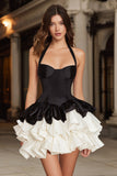 Black and White Halter A-Line Ruffled Short Cocktail Dress