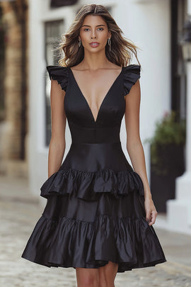 Black Deep V-Neck Satin A-Line Ruffled Short Cocktail Dress