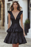 Black Deep V-Neck Satin A-Line Ruffled Short Cocktail Dress