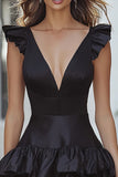 Black Deep V-Neck Satin A-Line Ruffled Short Cocktail Dress