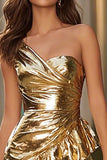 Sparkly Gold Metallic One Shoulder Ruffled Tight Short Cocktail Dress