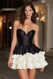 Black and White Satin Sweetheart A-Line Ruffled Short Cocktail Dress