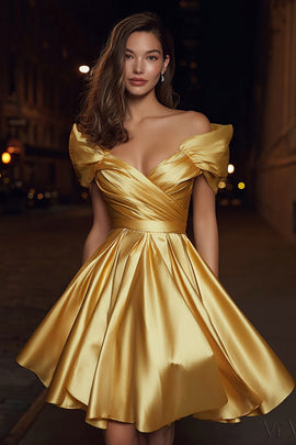 Gold Off the Shoulder Ruched Satin A-Line Short Cocktail Dress