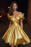 Gold Off the Shoulder Ruched Satin A-Line Short Cocktail Dress