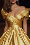 Gold Off the Shoulder Ruched Satin A-Line Short Cocktail Dress