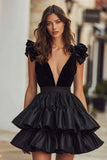 Black V-Neck A-Line Ruffled Short Cocktail Dress
