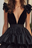 Black V-Neck A-Line Ruffled Short Cocktail Dress