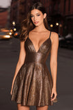 Sparkly Coffee Spaghetti Straps Metallic A-Line Short Cocktail Dress