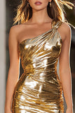 Sparkly Gold Metallic One Shoulder Ruched Tight Short Cocktail Dress