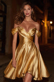 Gold Off the Shoulder Satin Ruched A-Line Short Cocktail Dress