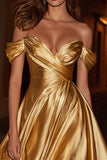 Gold Off the Shoulder Satin Ruched A-Line Short Cocktail Dress