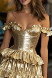 Sparkly Gold Metallic Ruffled A-Line Corset Short Cocktail Dress