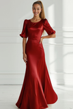 Champagne Satin Mermaid Long Formal Dress with Short Sleeves