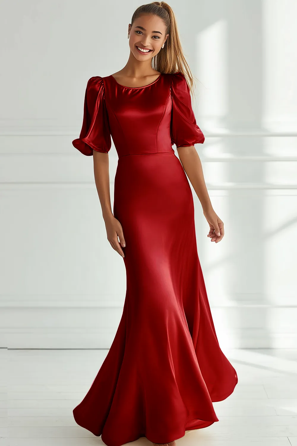 Champagne Satin Mermaid Long Formal Dress with Short Sleeves