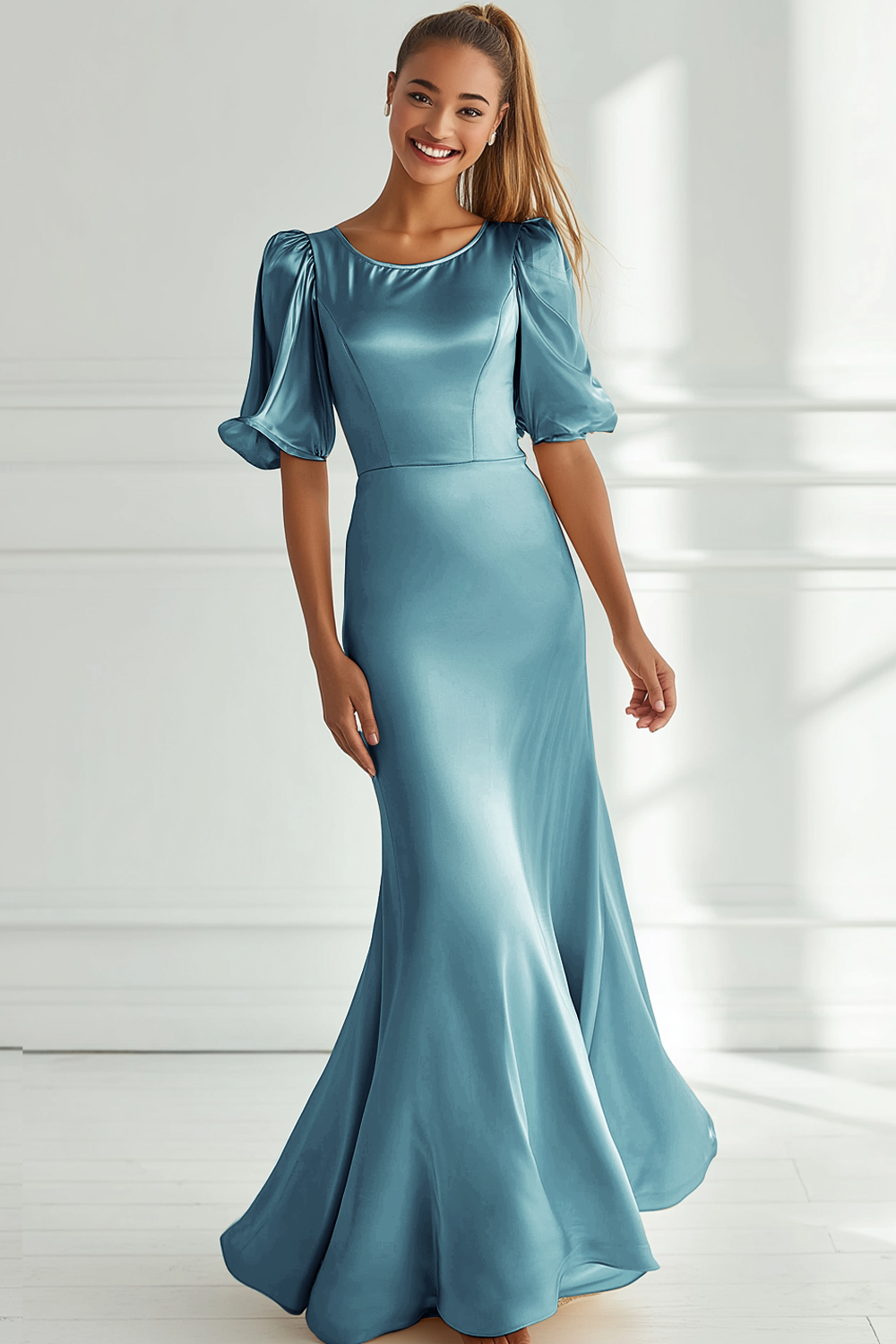 Champagne Satin Mermaid Long Formal Dress with Short Sleeves