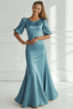 Champagne Satin Mermaid Long Formal Dress with Short Sleeves