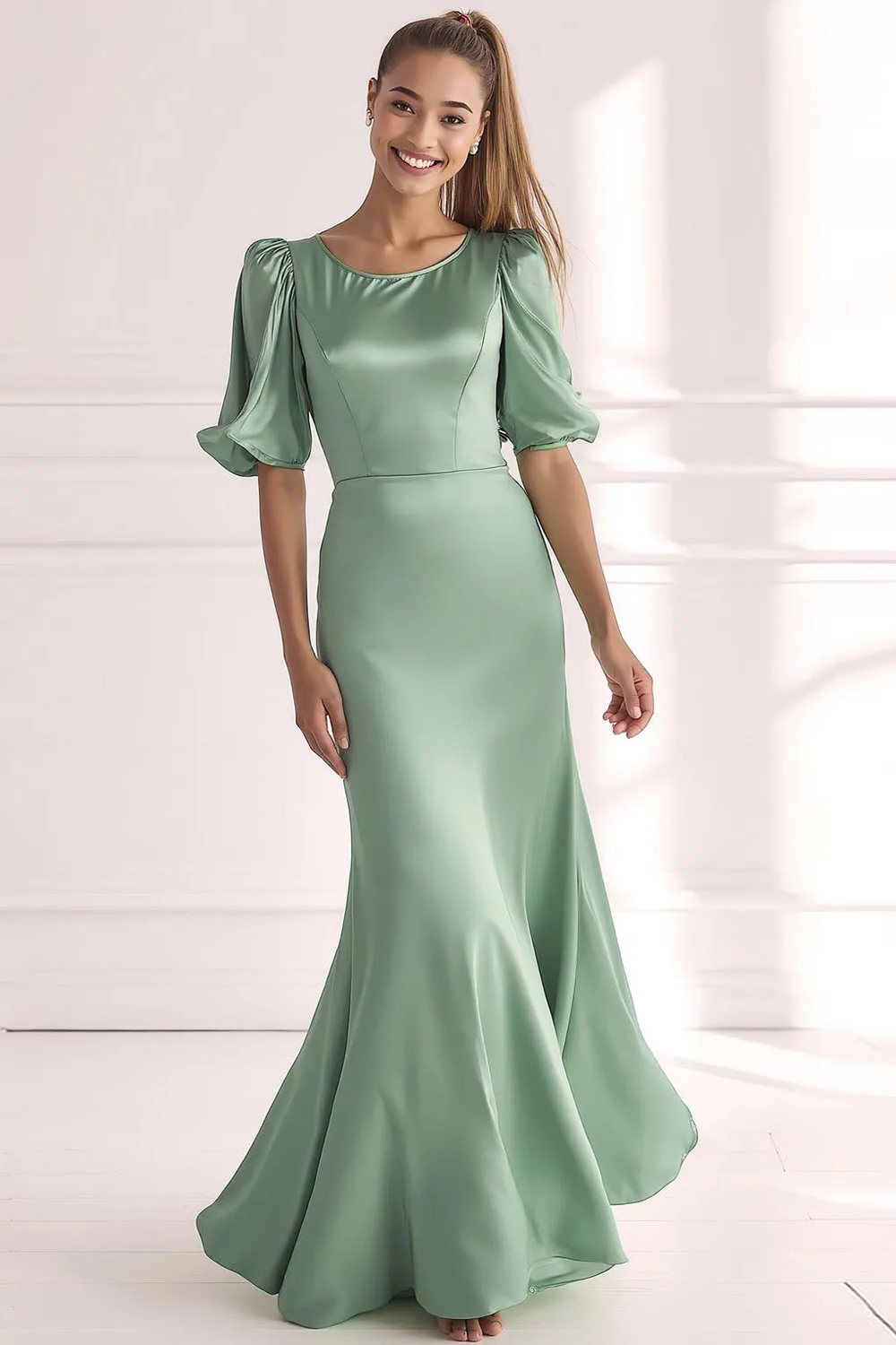 ZAPAKASA Women Champagne Satin Formal Dress Mermaid Round Neck Long Evening Dress With Sleeves ZAPAKASA Women Champagne Satin Formal Dress Mermaid Round Neck Long Evening Dress With Sleeves