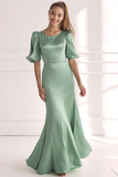Champagne Satin Mermaid Long Formal Dress with Short Sleeves