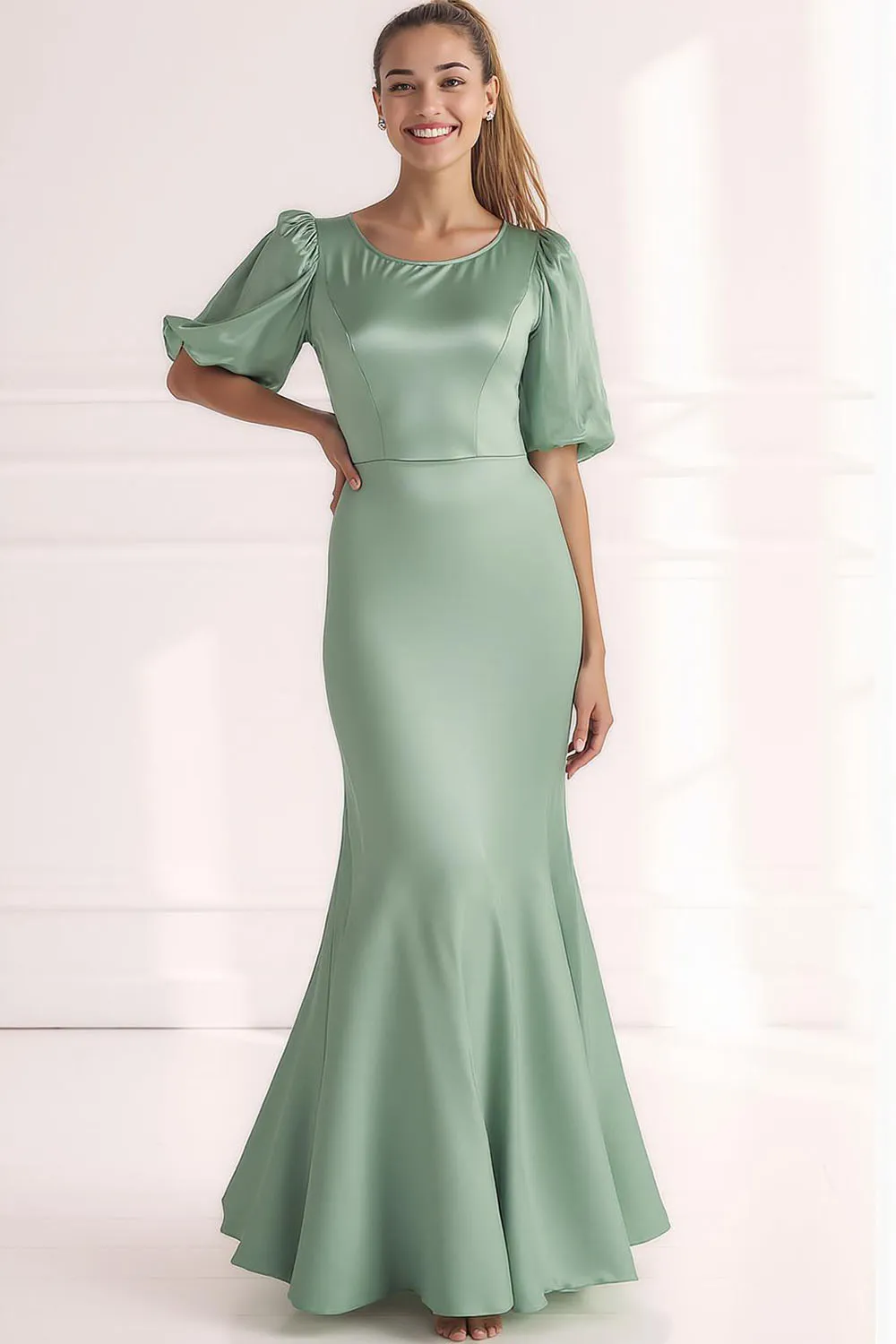 Champagne Satin Mermaid Long Formal Dress with Short Sleeves