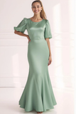 Champagne Satin Mermaid Long Formal Dress with Short Sleeves