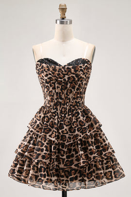 Brown Leopard Corset Sweetheart Short Tiered Homecoming Dress