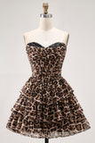 Brown Leopard Corset Sweetheart Short Tiered Homecoming Dress
