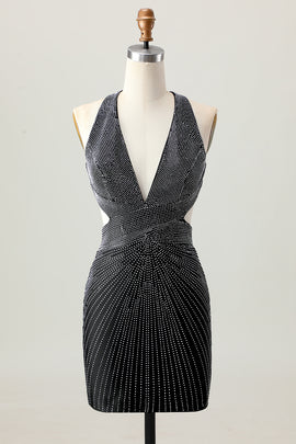 Sparkly Black V-Neck Tight Short Homecoming Dress with Beading