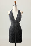 Sparkly Black V-Neck Tight Short Homecoming Dress with Beading