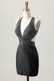 Sparkly Black V-Neck Tight Short Homecoming Dress with Beading