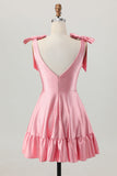 Sparkly Blush Pink A Line Satin Short Beaded Homecoming Dress with Bow