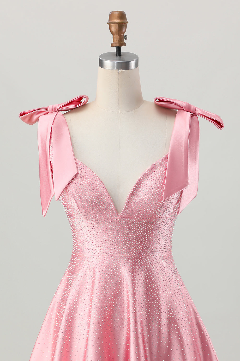 Sparkly Blush Pink A Line Satin Short Beaded Homecoming Dress with Bow