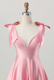 Sparkly Blush Pink A Line Satin Short Beaded Homecoming Dress with Bow