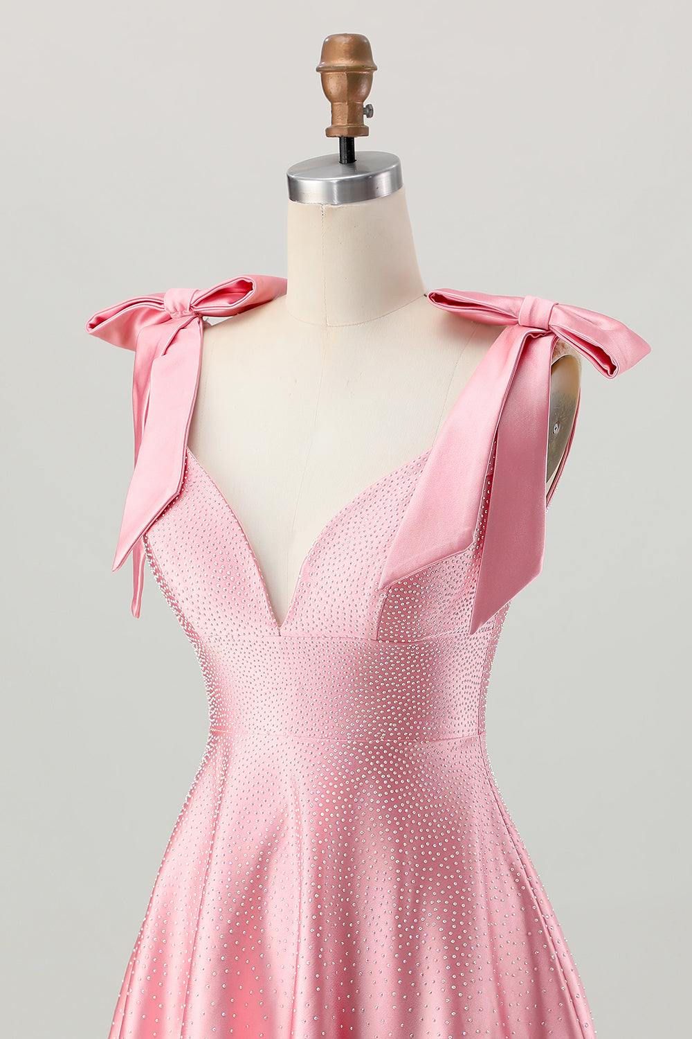 Sparkly Blush Pink A Line Satin Short Beaded Homecoming Dress with Bow