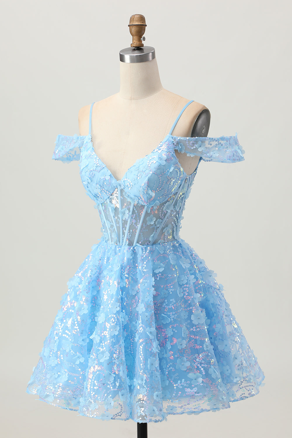 Sparkly Blue Corset Floral A Line Short Homecoming Dress with Sequins