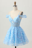 Sparkly Blue Corset Floral A Line Short Homecoming Dress with Sequins