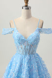 Sparkly Blue Corset Floral A Line Short Homecoming Dress with Sequins