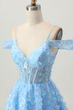 Sparkly Blue Corset Floral A Line Short Homecoming Dress with Sequins