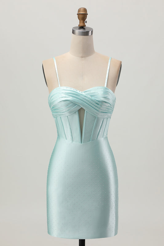 Sparkly Light Green Corset Satin Short Homecoming Dress with Beading