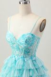 Blue Green Ruffled Tiered A Line Short Corset Homecoming Dress with Appliques