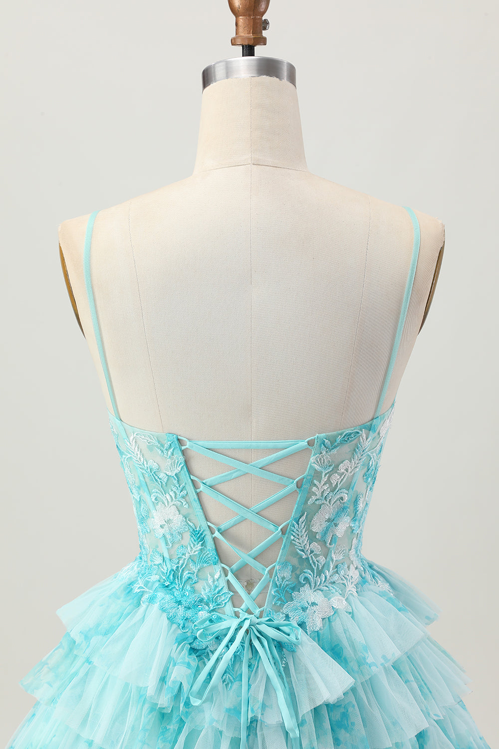 Blue Green Ruffled Tiered A Line Short Corset Homecoming Dress with Appliques