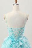Blue Green Ruffled Tiered A Line Short Corset Homecoming Dress with Appliques