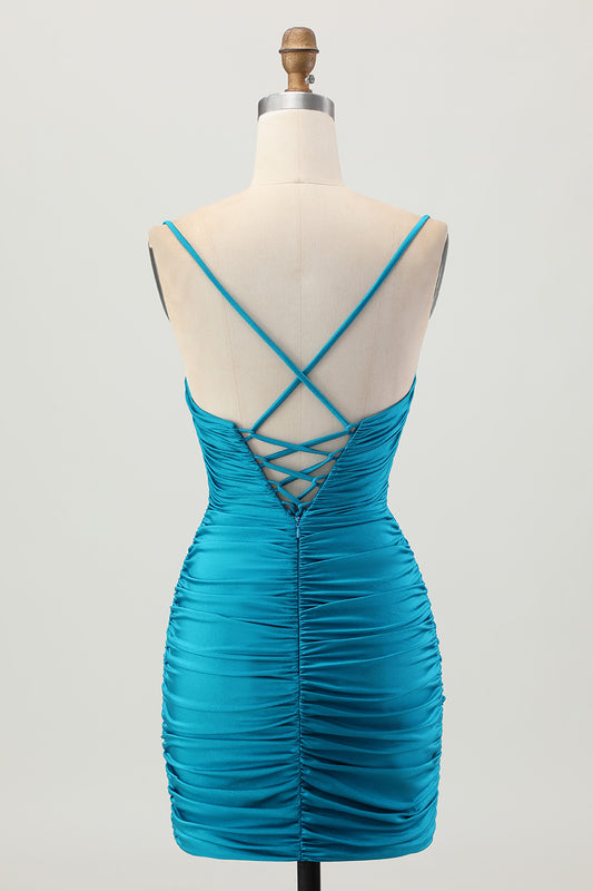 Sparkly Blue Cut Out Tight Short Homecoming Dress with Rhinestone