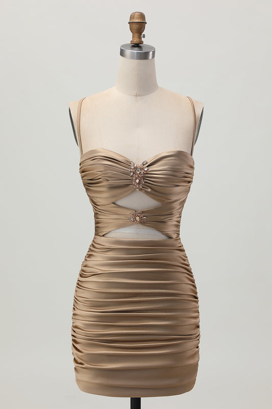Sparkly Dark Khaki Tight Cut Out Short Homecoming Dress with Rhinestone