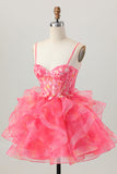Red Organza A Line Short Corset Homecoming Dress with Appliques