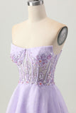 Sparkly Lilac Strapless Short Corset Homecoming Dress with Beading