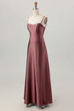 Coffee Satin A Line Corset Lace Up Back Long Bridesmaid Dress