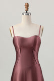 Coffee Satin A Line Corset Lace Up Back Long Bridesmaid Dress