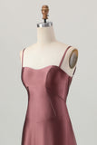 Coffee Satin A Line Corset Lace Up Back Long Bridesmaid Dress