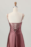 Coffee Satin A Line Corset Lace Up Back Long Bridesmaid Dress